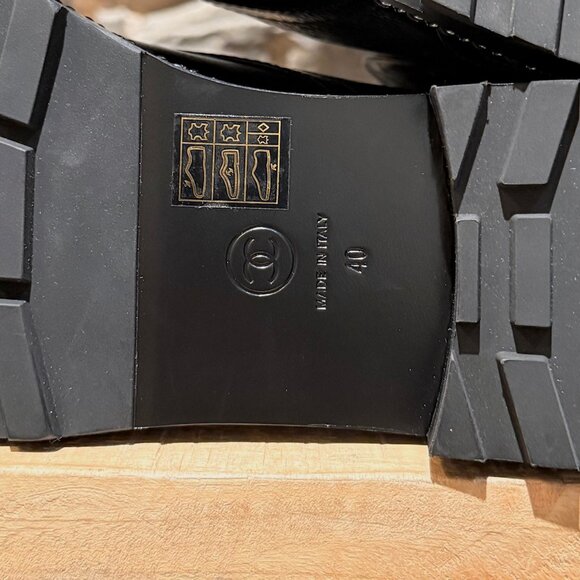 Chanel Glossy Black Pearl Chain CC Embellished Combat Boots - Picture 9 of 14